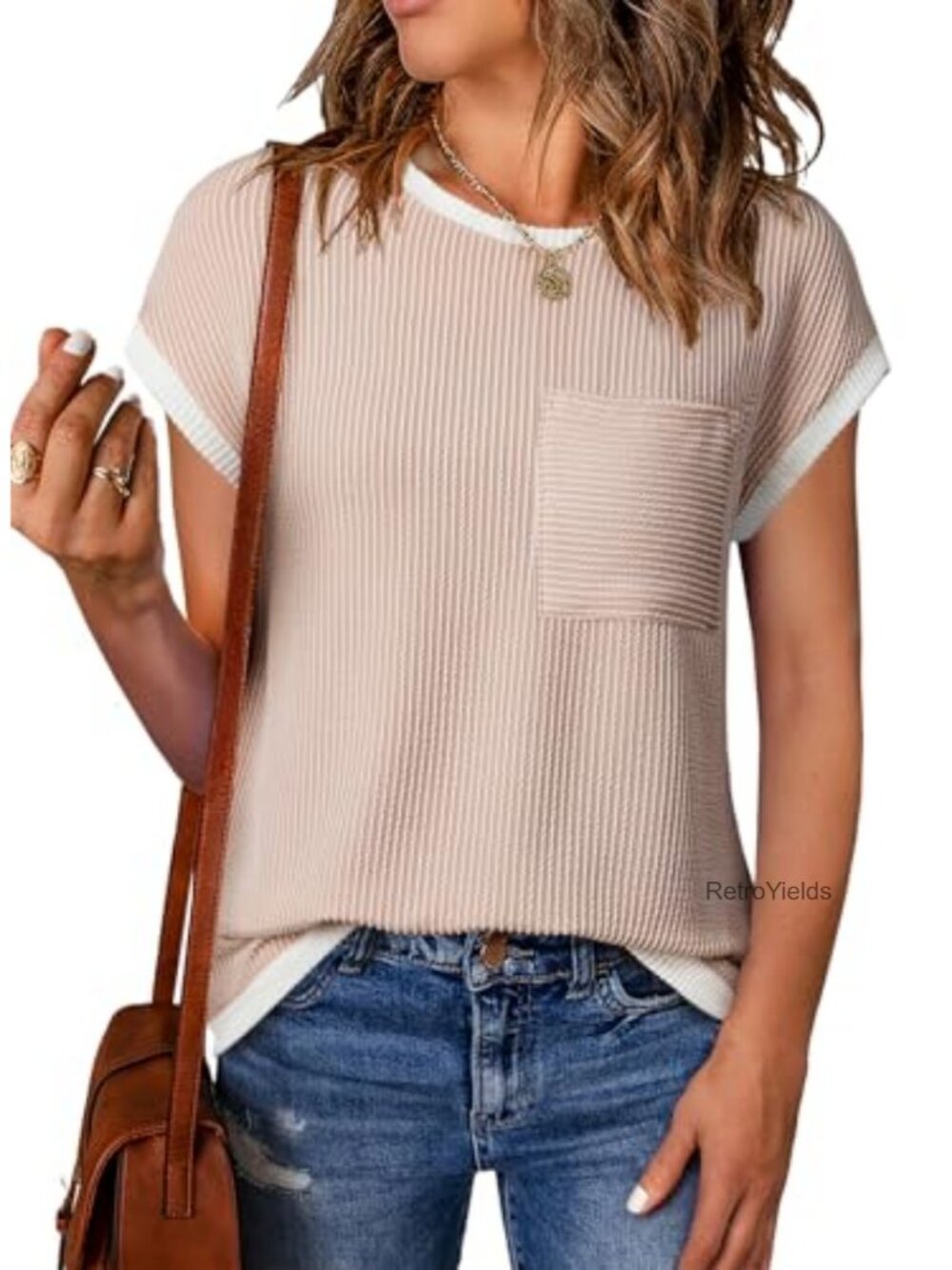 Women's Ribbed Knit Short Sleeve Crew Neck T-Shirt Stretchy Lightweight